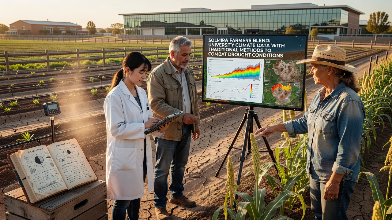 Close-up view of blended farming setup showing university sensor equipment next to hand-built irrigation channels in Solmira fields